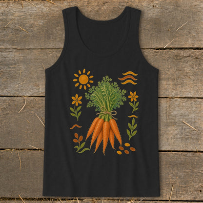 Black tank top with a illustration of a bunch of carrots, sun, and flowers.