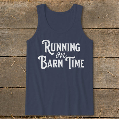 Navy tank top with white text "Running on Barn Time"