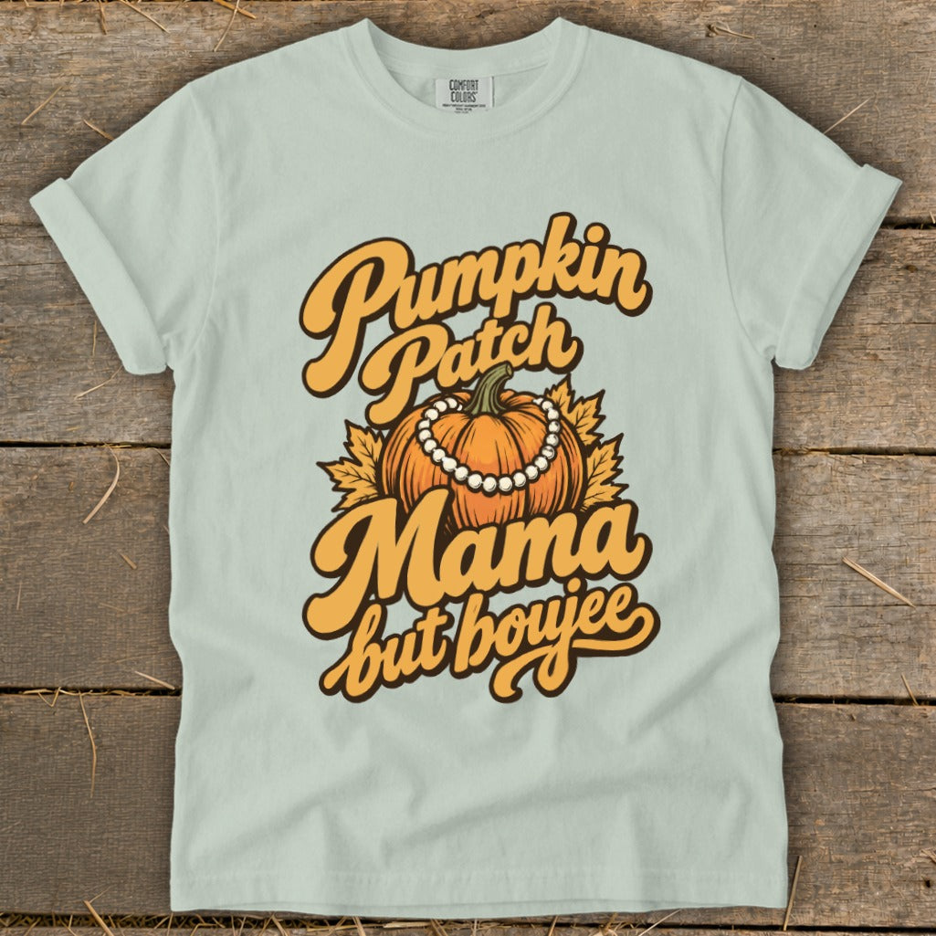 Light blue t-shirt with "Pumpkin Patch Mama but boujee" text and pumpkin graphic.