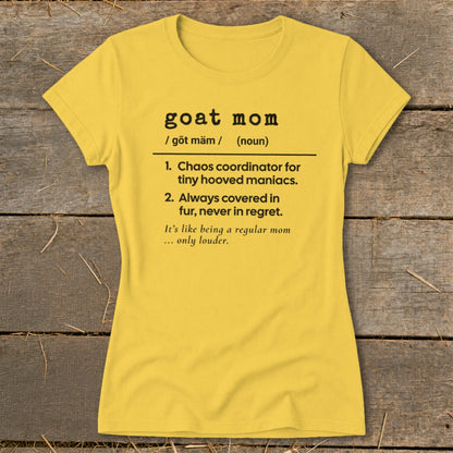 Yellow t-shirt with black text defining "goat mom".