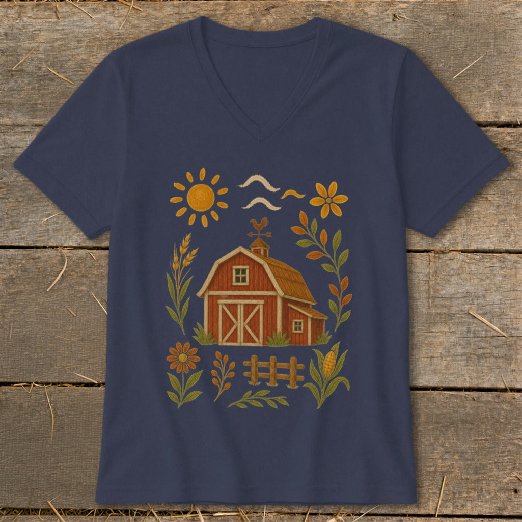 Navy v-neck t-shirt with a red barn and farm-themed illustration.