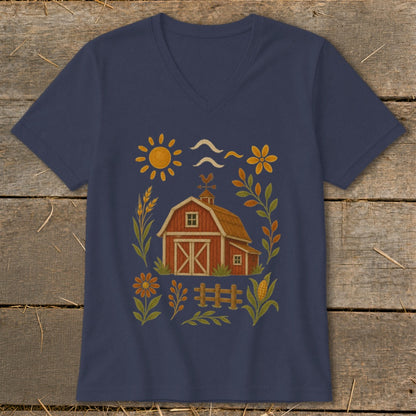 Navy v-neck t-shirt with a red barn and farm-themed illustration.