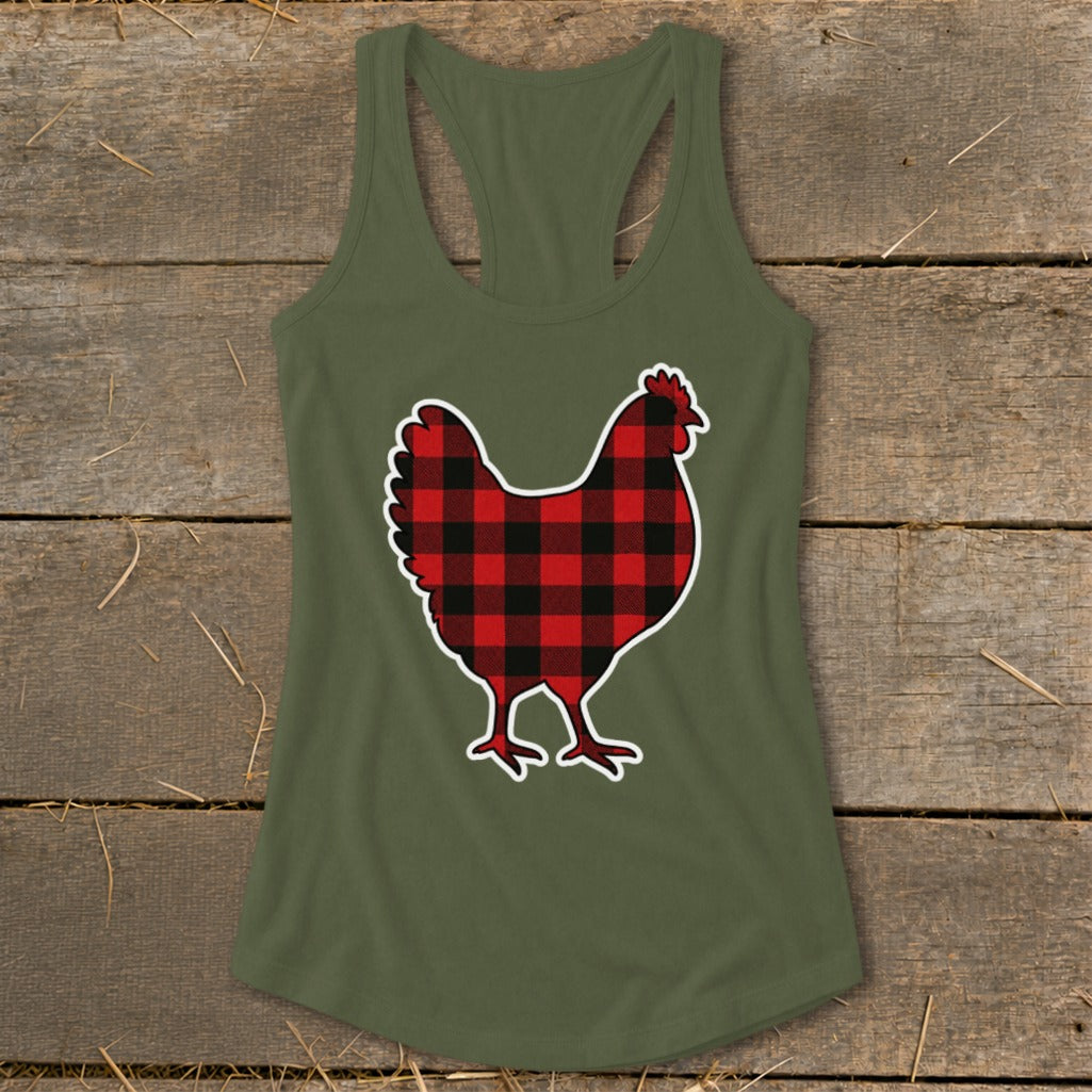 Green tank top with a red and black buffalo plaid chicken graphic.