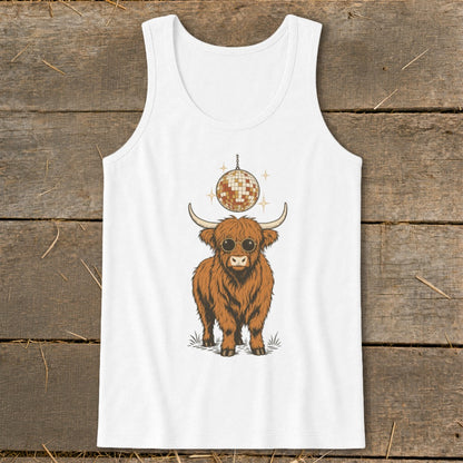 White tank top with a graphic of a fuzzy Highland cow wearing sunglasses under a disco ball.