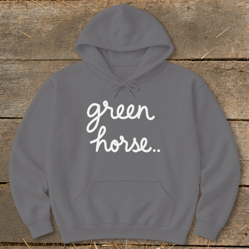 Gray hoodie with white cursive text "green horse..."