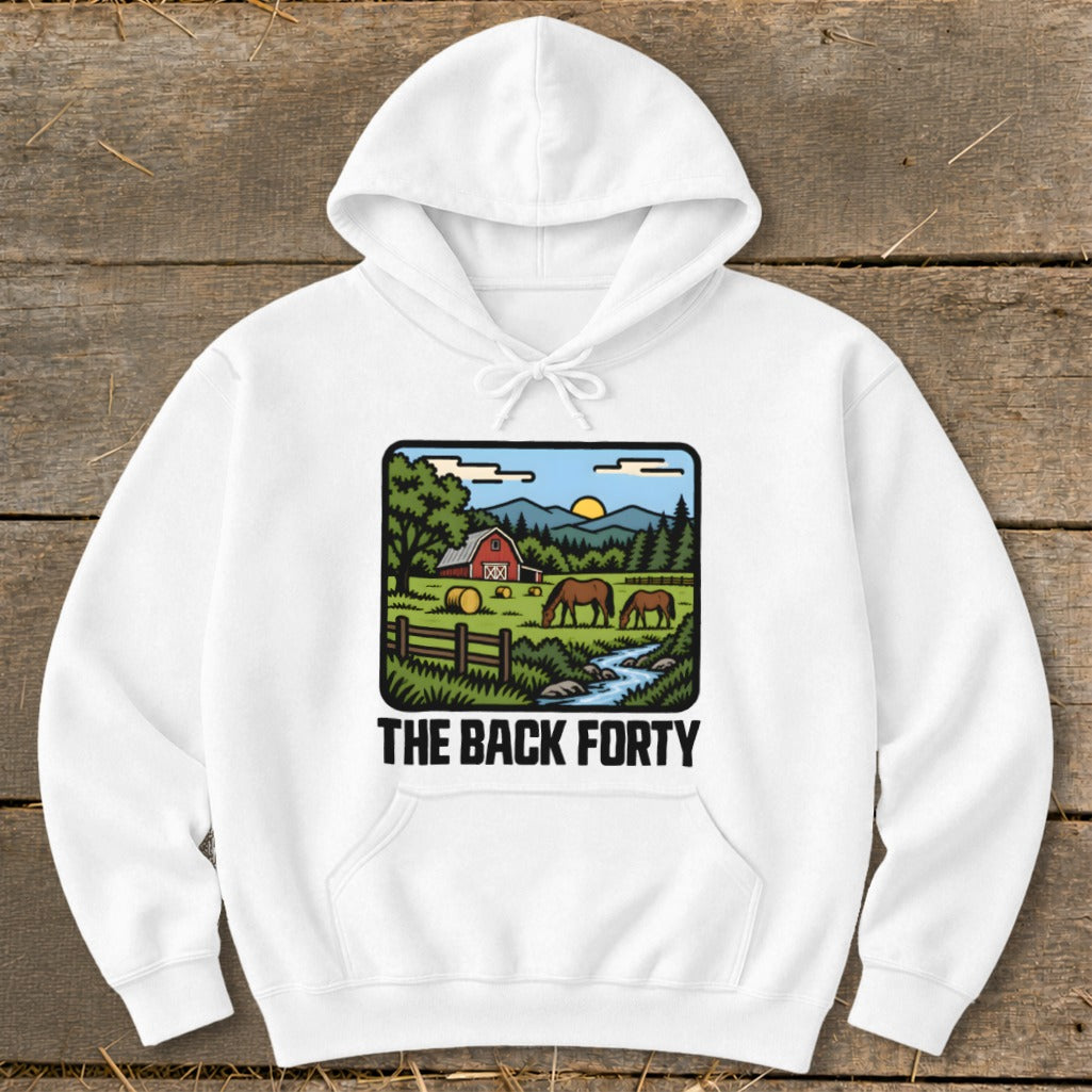 A white hoodie featuring a graphic of a farm scene with horses, a red barn, and the text The Back Forty.