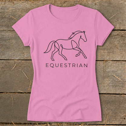 Pink t-shirt with a black line drawing of a horse and the word EQUESTRIAN.