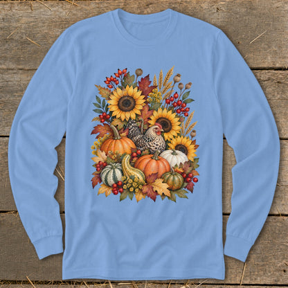 Light blue long-sleeve shirt with a fall harvest design featuring pumpkins, sunflowers, and a chicken.