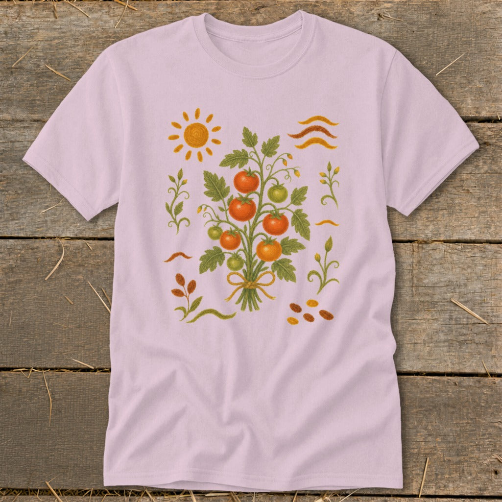 Pink t-shirt with a stylized tomato plant illustration and sun, surrounded by decorative elements.