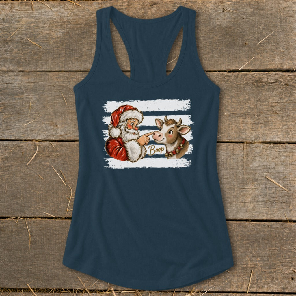 Santa Claus boops a cow on the nose with text that reads "Boop."