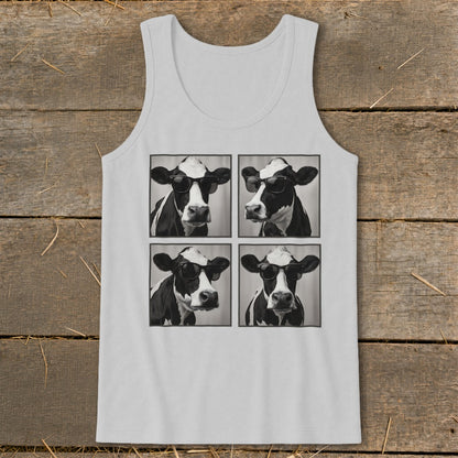 Tank top with four black and white images of cows wearing sunglasses.