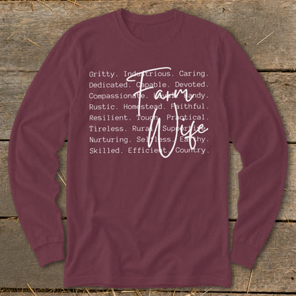 Maroon long-sleeve shirt with "Farm Wife" and descriptive words in white.