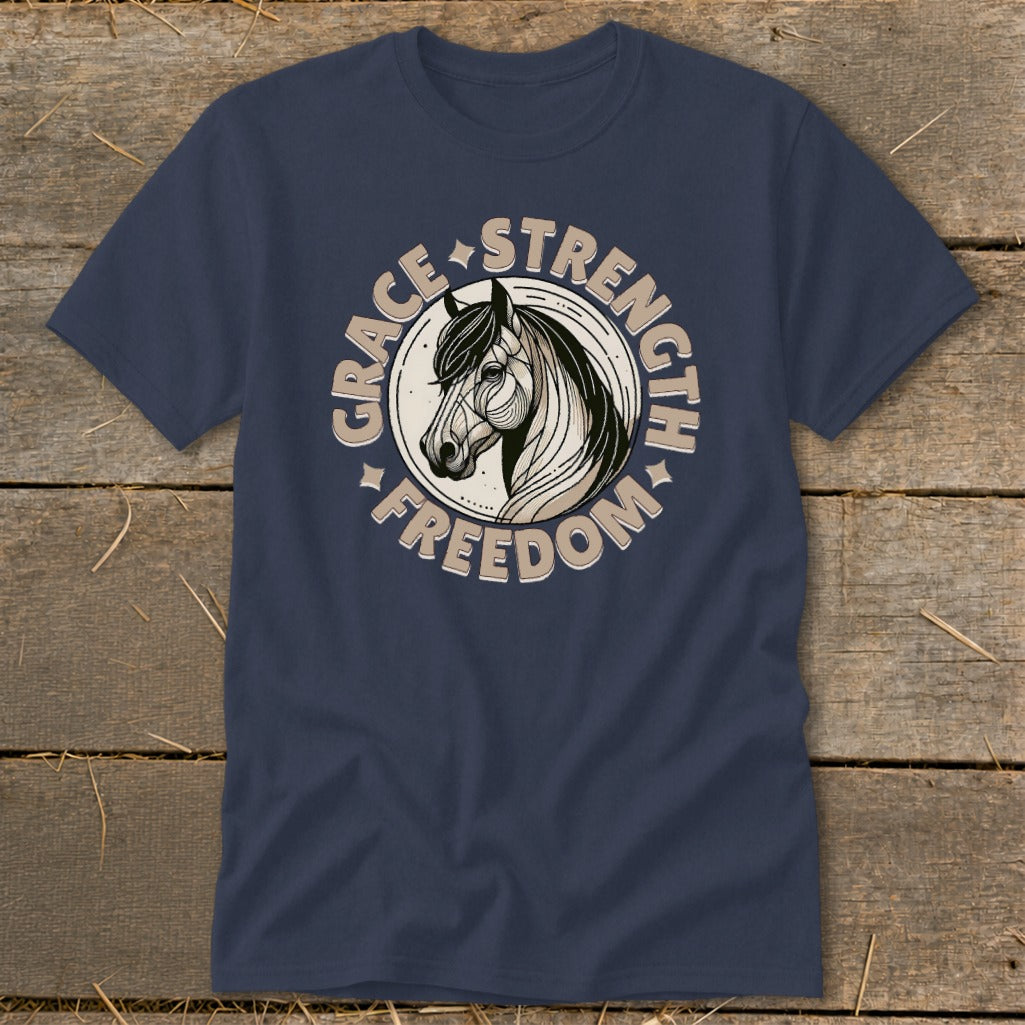 Navy t-shirt with circular horse graphic and text "Grace Strength Freedom."