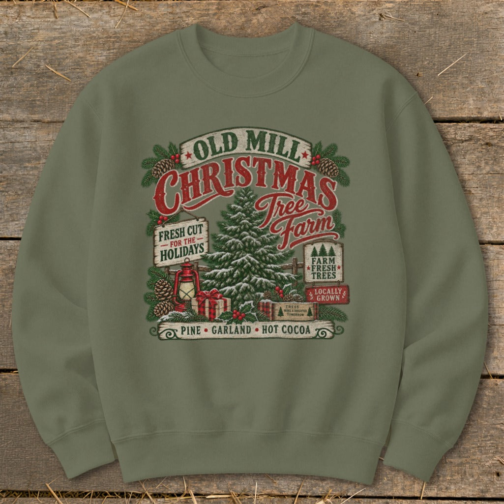 Old Mill Christmas Tree Farm graphic with pine, garland, and hot cocoa text.