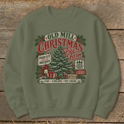 Old Mill Christmas Tree Farm graphic with pine, garland, and hot cocoa text.
