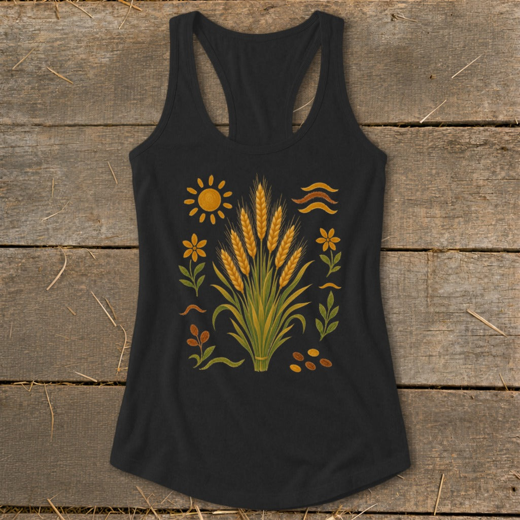 Black tank top with a golden wheat and sun design.