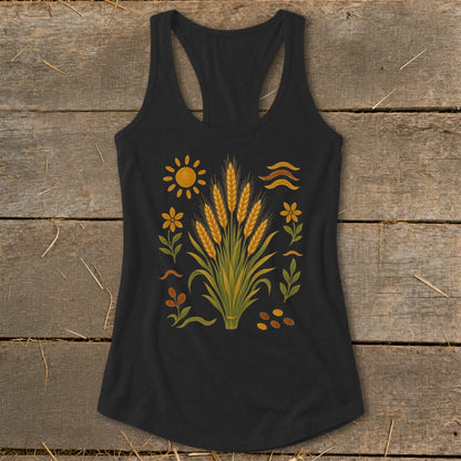 Black tank top with a golden wheat and sun design.
