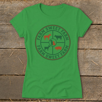 Green t-shirt with "Farm Sweet Farm" text and farm animal icons in a circle.