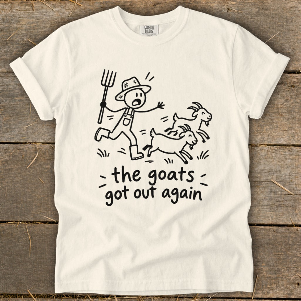 Stick figure farmer chases goats with text "the goats got out again".