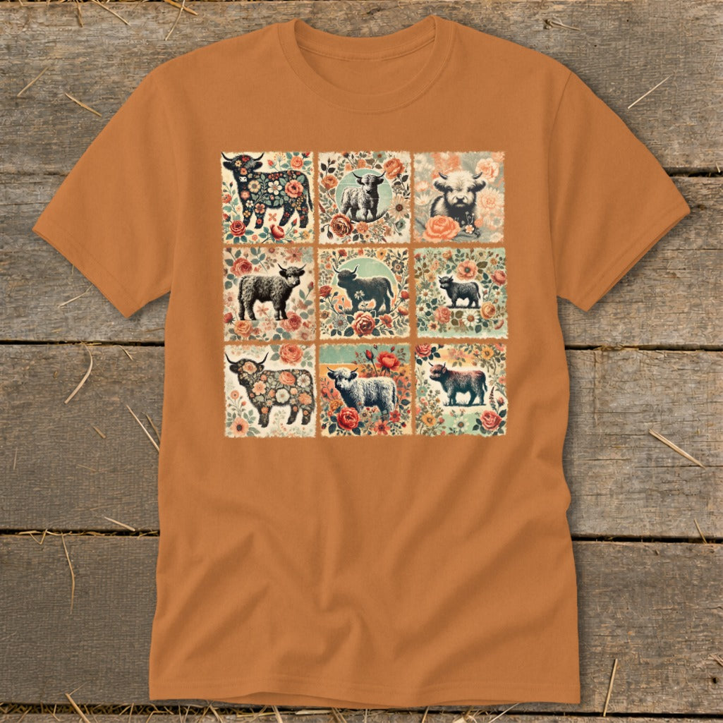 T-shirt with nine floral squares featuring Highland cows and sheep.