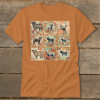 T-shirt with nine floral squares featuring Highland cows and sheep.
