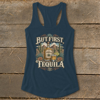Tank top with a desert scene and "But First, Tequila" text and tequila bottle.