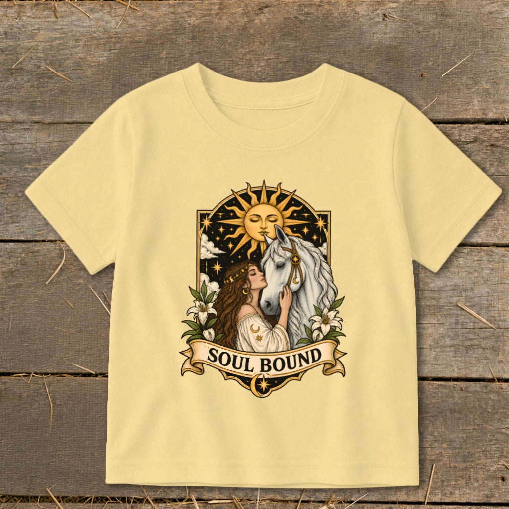 Illustration of woman and white horse under a sun with text "SOUL BOUND".