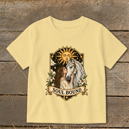 Illustration of woman and white horse under a sun with text "SOUL BOUND".