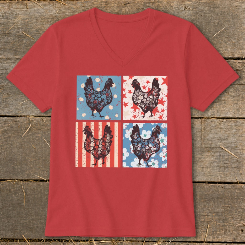 Red v-neck t-shirt with four pop-art style chickens in patriotic patterns.