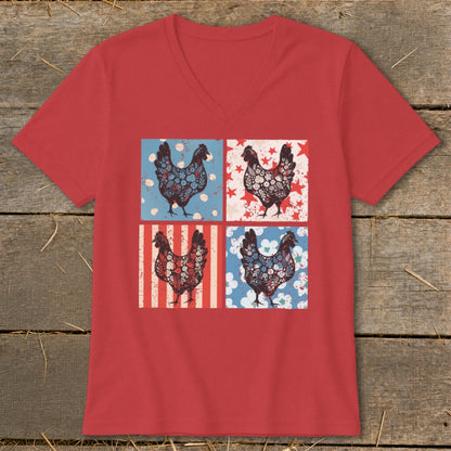 Red v-neck t-shirt with four pop-art style chickens in patriotic patterns.
