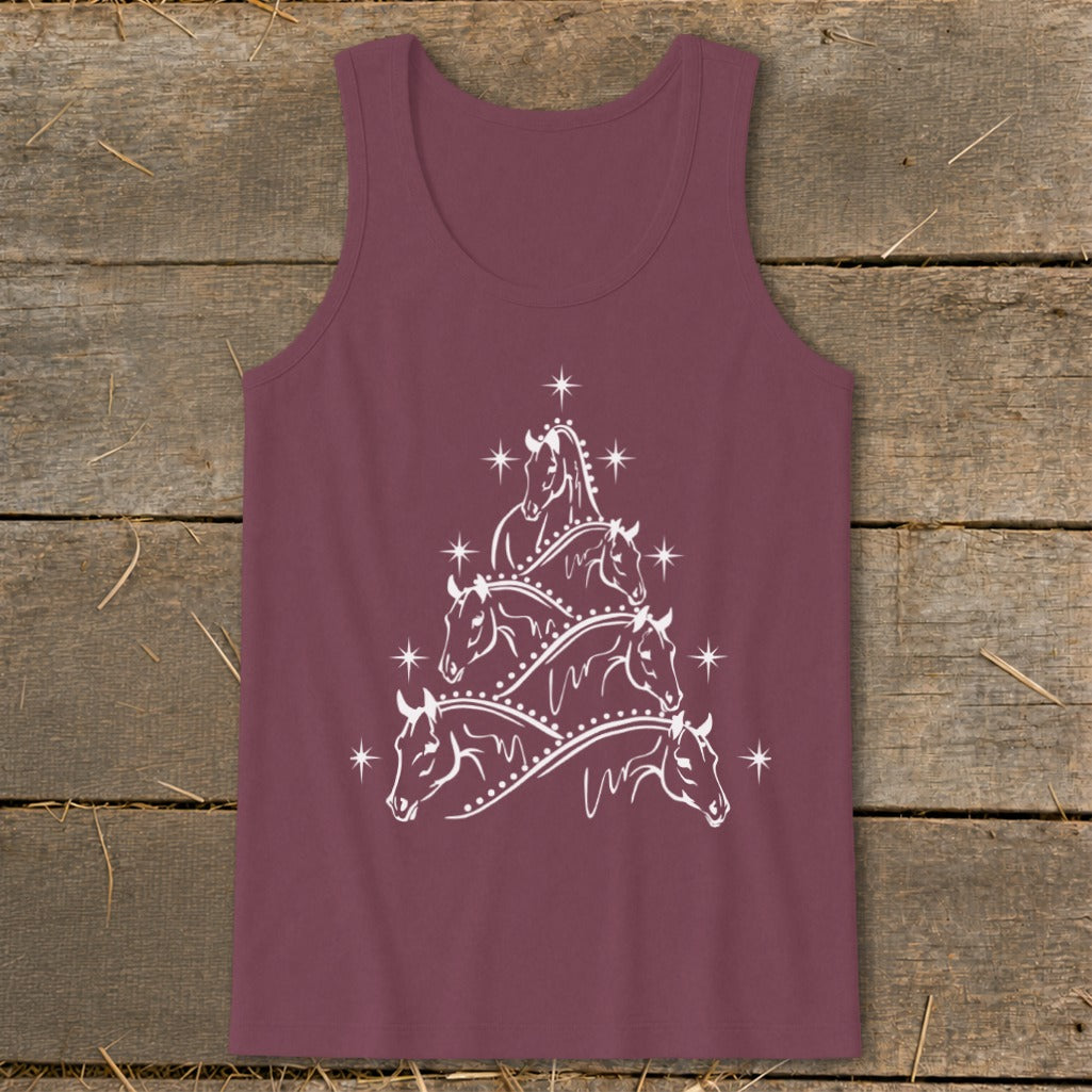 Maroon tank top with white horse Christmas tree graphic and stars.