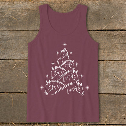 Maroon tank top with white horse Christmas tree graphic and stars.
