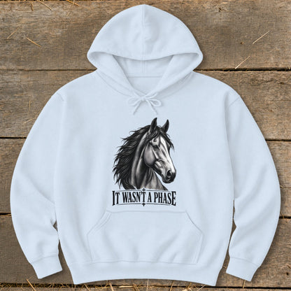 Light blue hoodie with a black and white horse head graphic and text "IT WASN'T A PHASE".