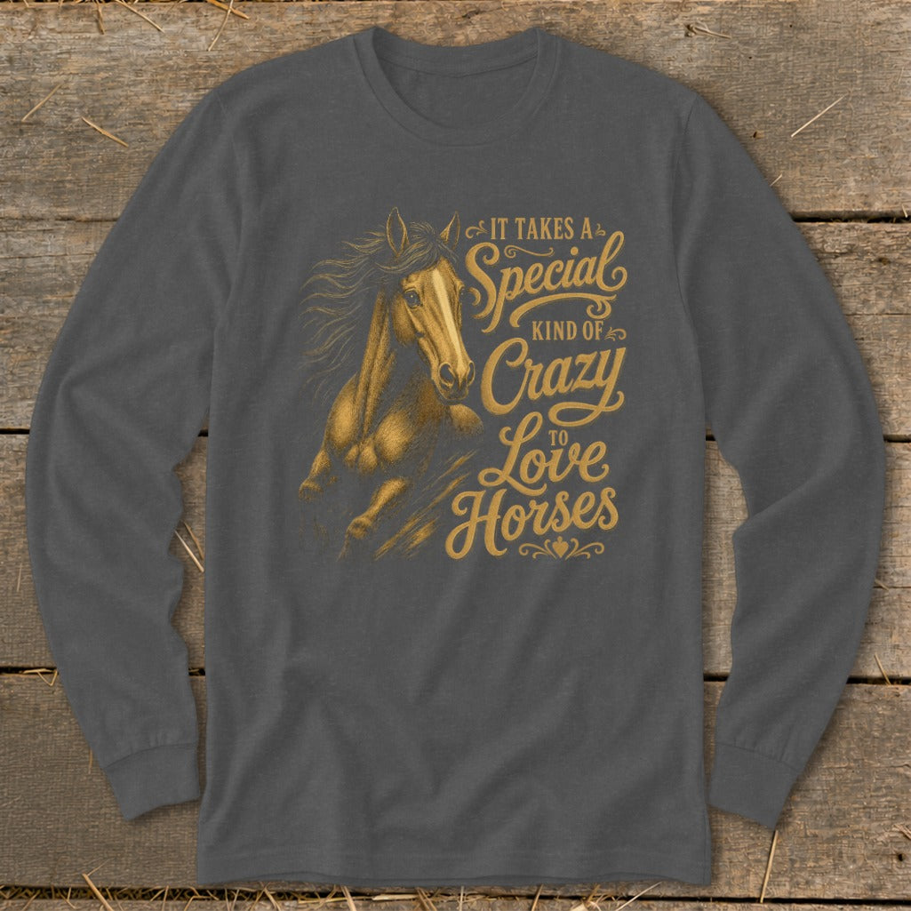 Dark gray long sleeve shirt with a golden horse graphic and text.
