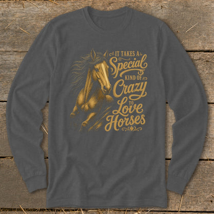 Dark gray long sleeve shirt with a golden horse graphic and text.