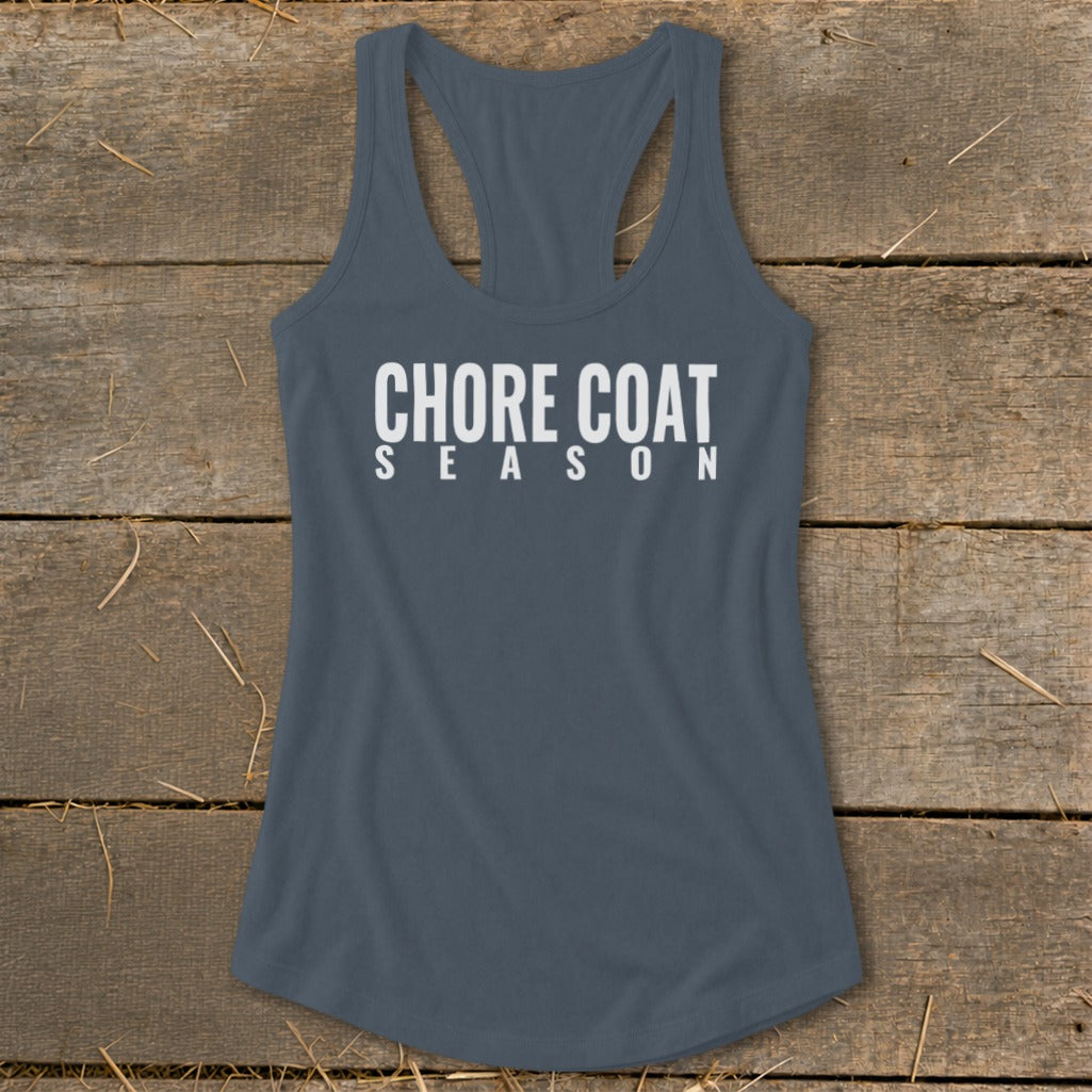 Gray tank top with "CHORE COAT SEASON" text on a wooden background.