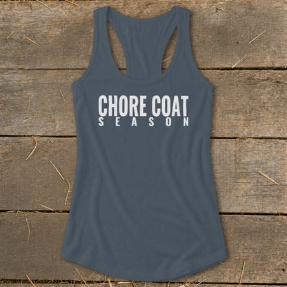 Gray tank top with "CHORE COAT SEASON" text on a wooden background.