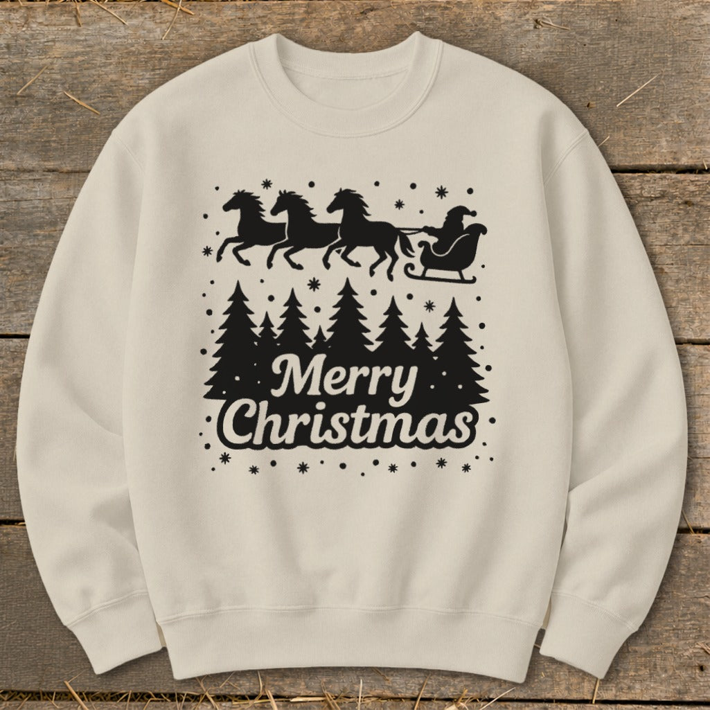 Light cream sweatshirt with black Christmas design: Santa's sleigh pulled by horses over trees, saying "Merry Christmas".