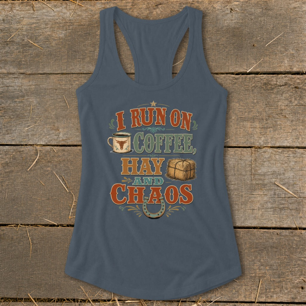 Graphic tee with text "I RUN ON COFFEE, HAY AND CHAOS" and rodeo-themed illustrations.