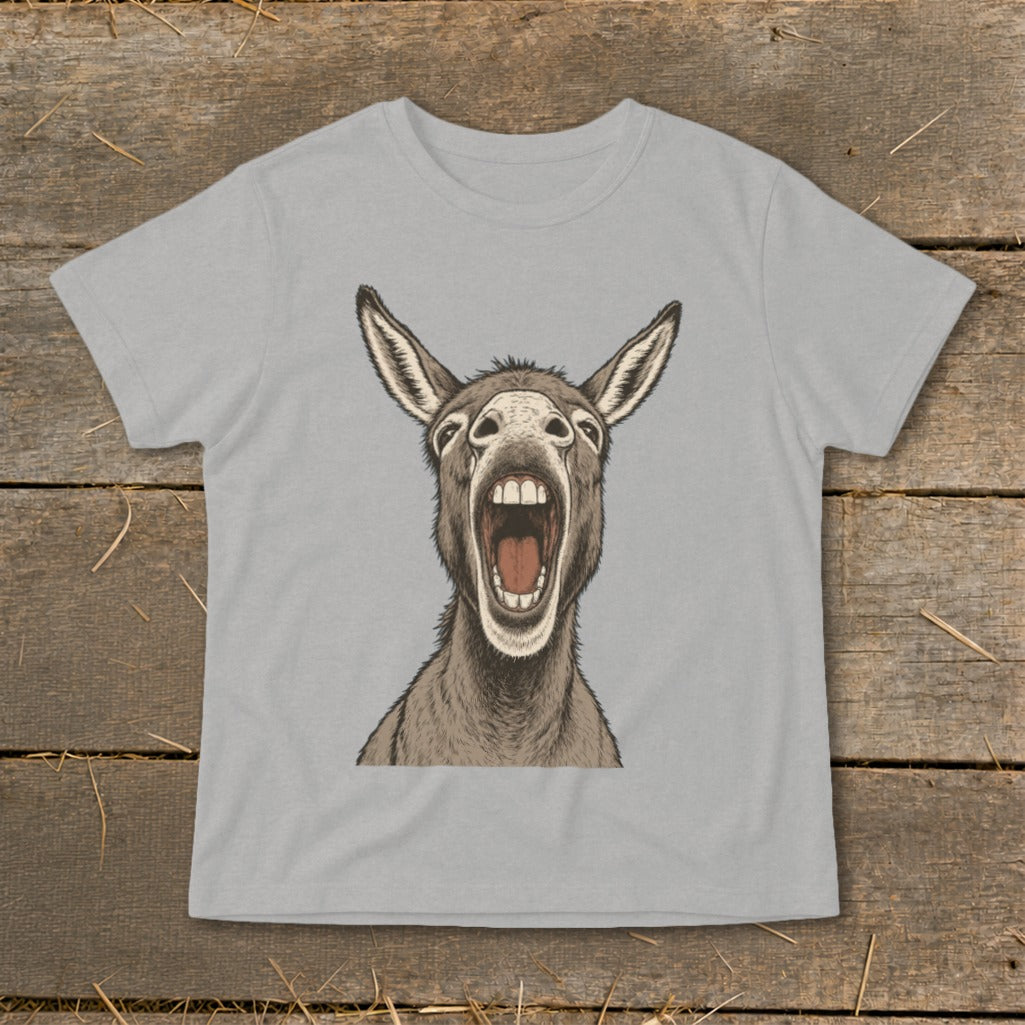 Illustration of a gray t-shirt with a donkey's head shouting.