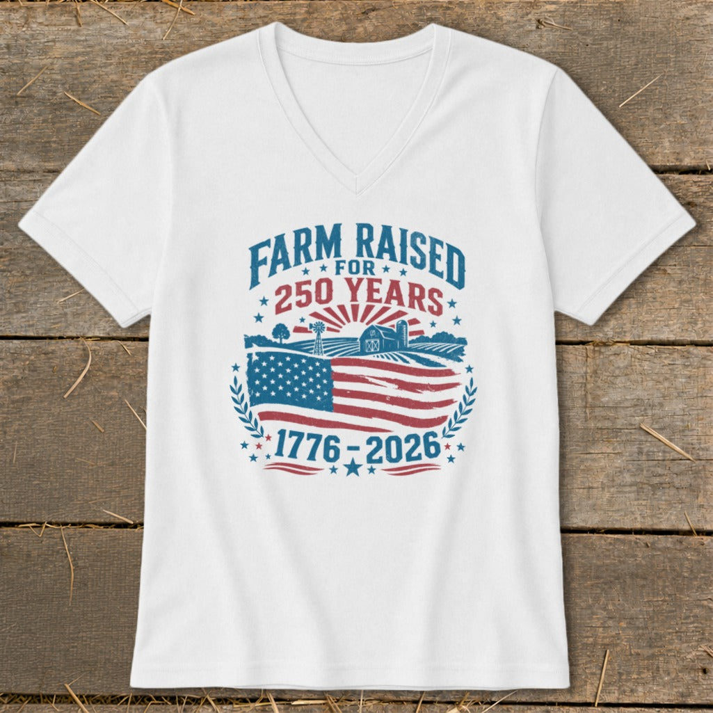 White t-shirt with "Farm Raised for 250 Years" graphic and American flag.