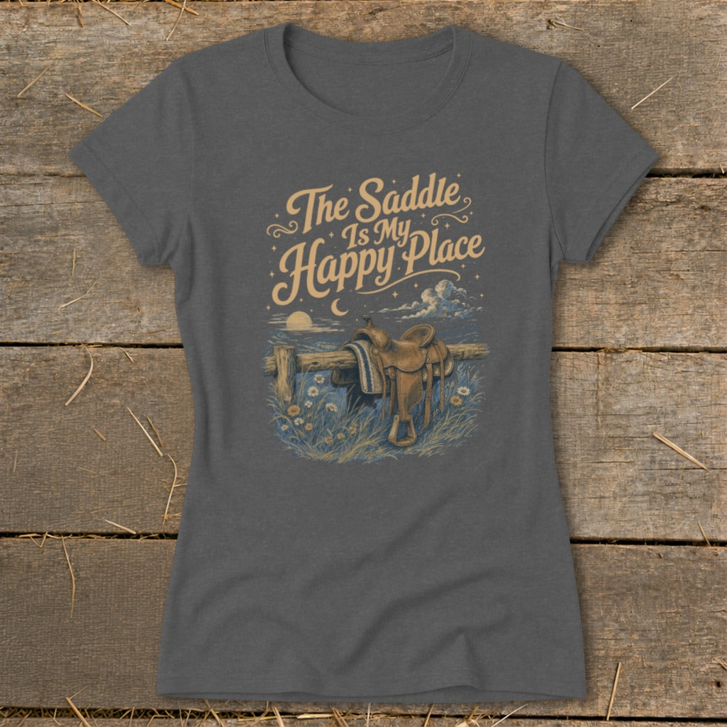 Dark grey t-shirt with "The Saddle Is My Happy Place" text and saddle graphic.
