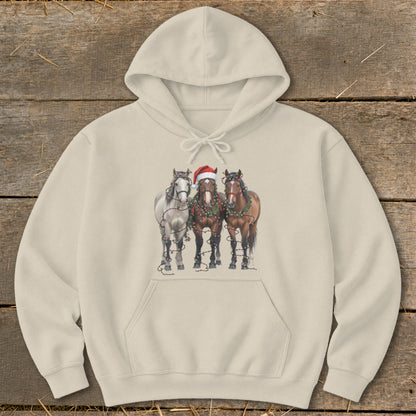 Three horses wearing Christmas lights and a Santa hat, printed on a cream hoodie.