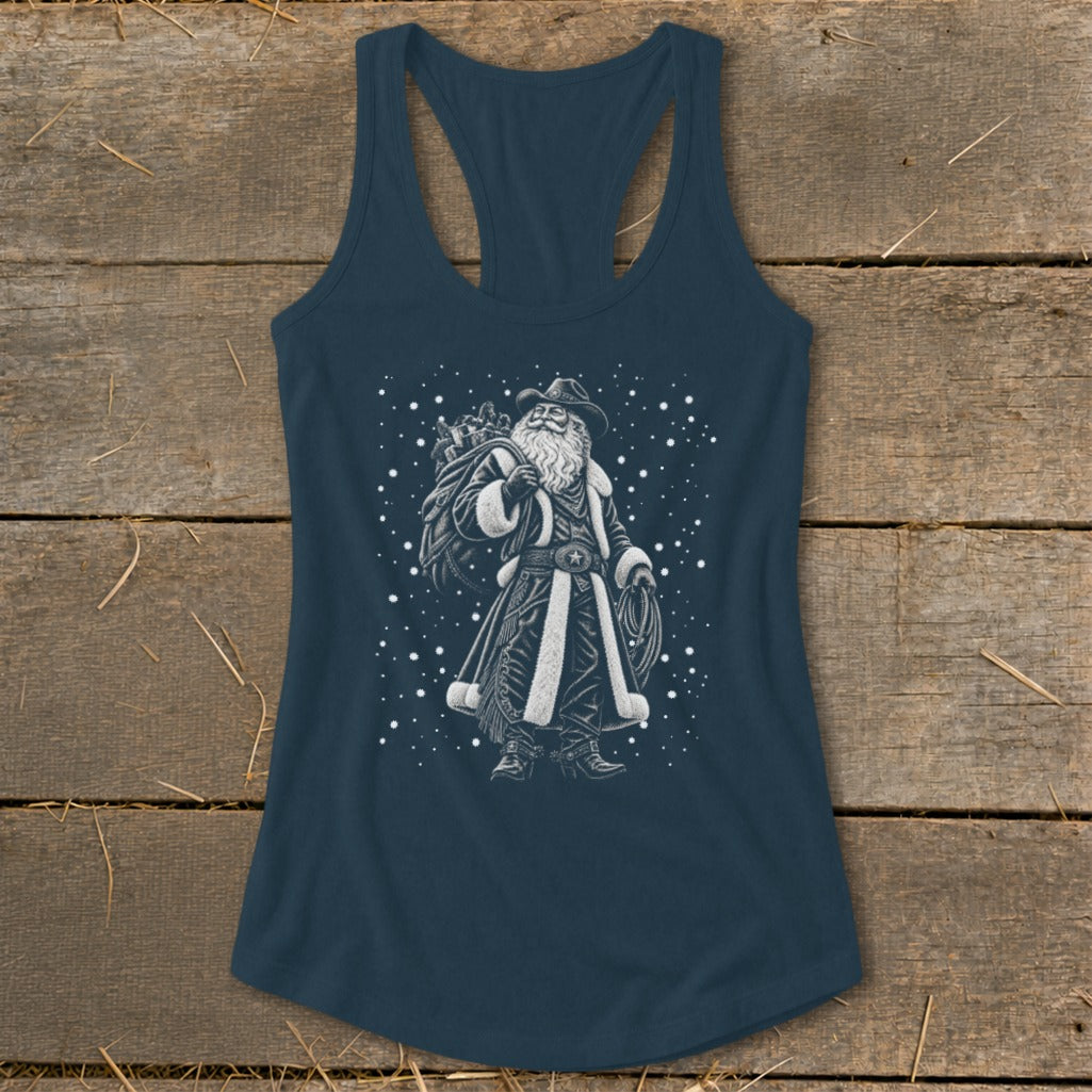 Tank top with a cowboy Santa Claus graphic holding a sack of gifts and a lasso.