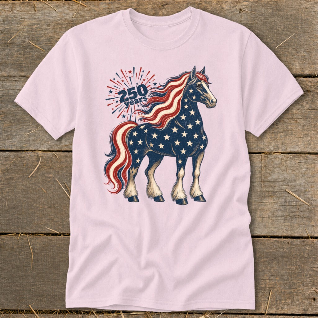 Pink t-shirt with patriotic horse graphic and "250 years" text.