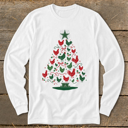 White long-sleeve shirt with a Christmas tree made of red and green chickens.