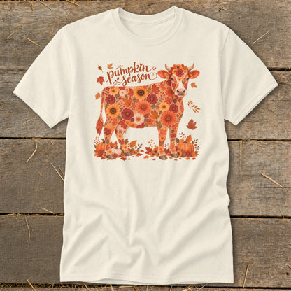 Cream t-shirt with a cow made of autumn flowers and "Pumpkin Season" text.