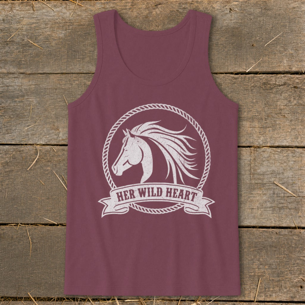 Burgundy tank top with white distressed horse head inside a rope circle and banner reading "HER WILD HEART."