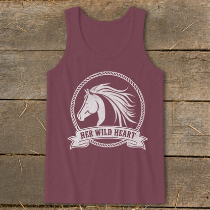 Burgundy tank top with white distressed horse head inside a rope circle and banner reading "HER WILD HEART."