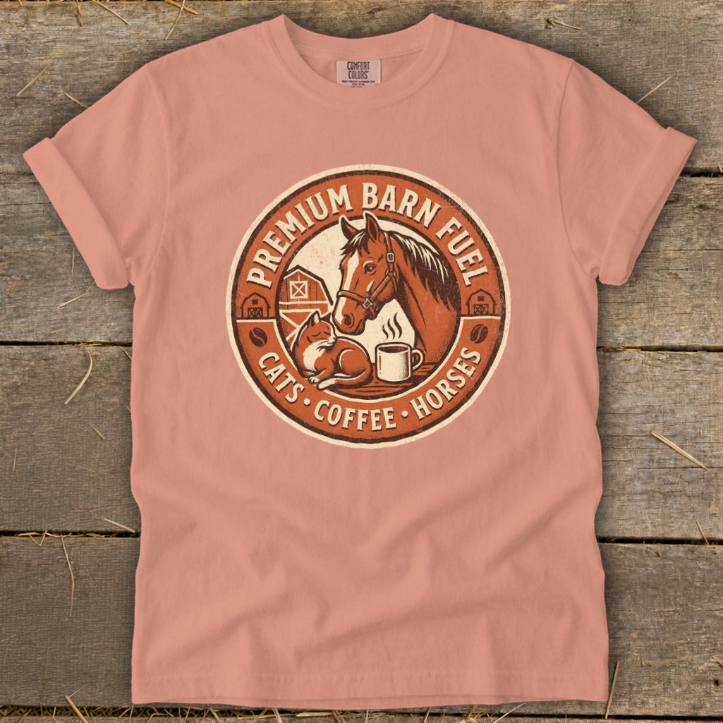 T-shirt graphic with horse, cat, and coffee cup, reads "Premium Barn Fuel Cats Coffee Horses".
